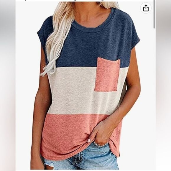 Color Block Tee With Pocket Navy/Beige/Coral XL - Picture 5 of 8
